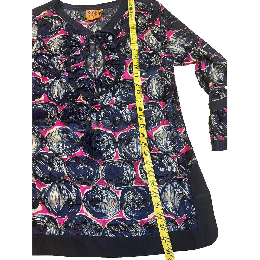 Tory Burch‎ Silk Blend Tunic Top Navy + Orchid Circle Print Keyhole Neck SZ S